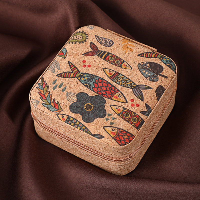 Шкатулка за бижута – преносима и прахозащитна, настолна за съхранение, корпус от кожа от корк, пластмаса и фланел, еднослойна, класически китайски стил