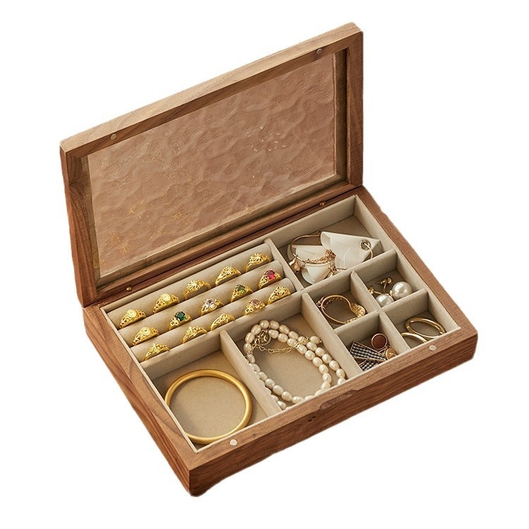 Кутия за бижута от твърд черен орех с капак – модел водни вълни, многофункционална, 1 ниво настолно съхранение