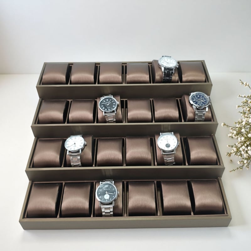 Поставка за бижута, четиристепен трапецовиден дизайн, MDF с кожена повърхност, висок клас, пролет 2025