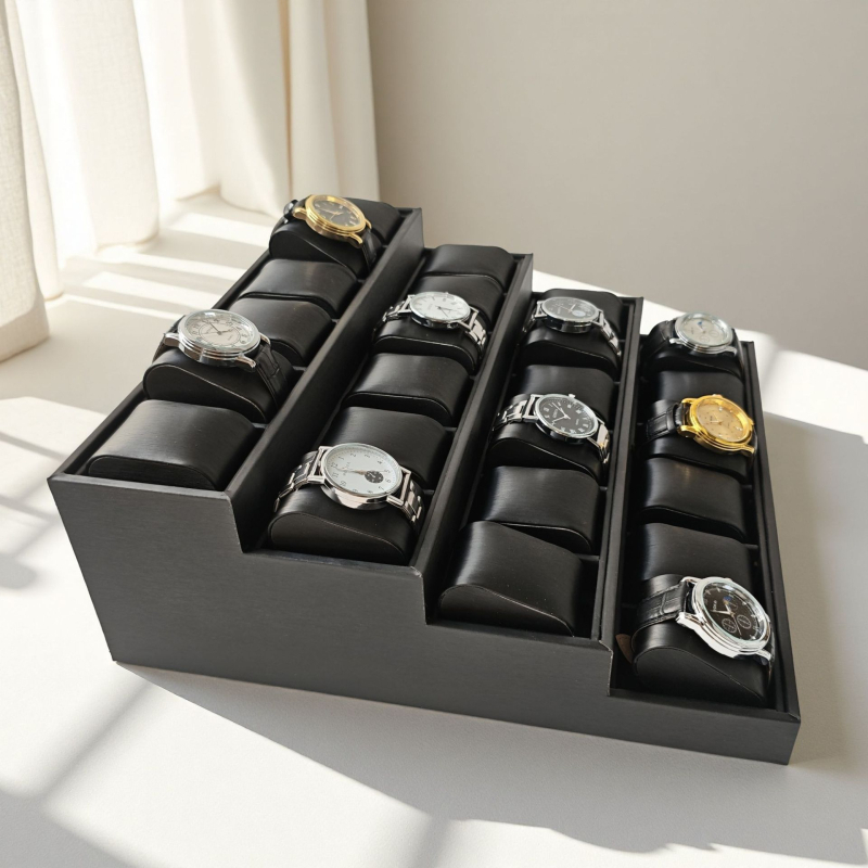 Поставка за бижута, четиристепен трапецовиден дизайн, MDF с кожена повърхност, висок клас, пролет 2025