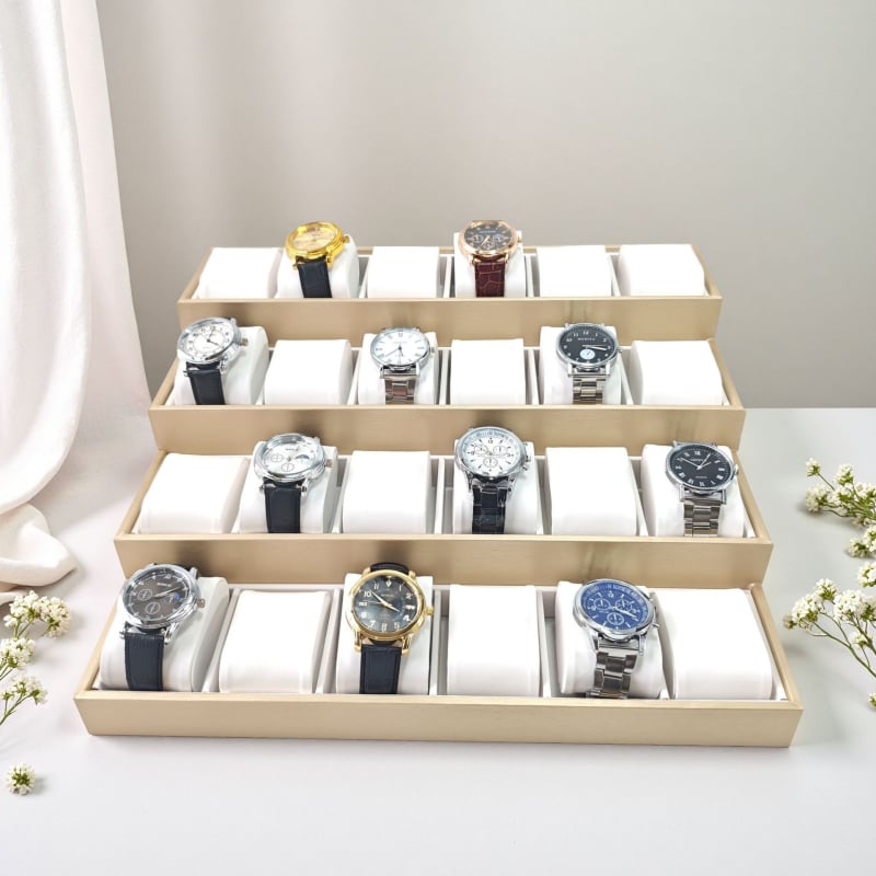 Поставка за бижута, четиристепен трапецовиден дизайн, MDF с кожена повърхност, висок клас, пролет 2025