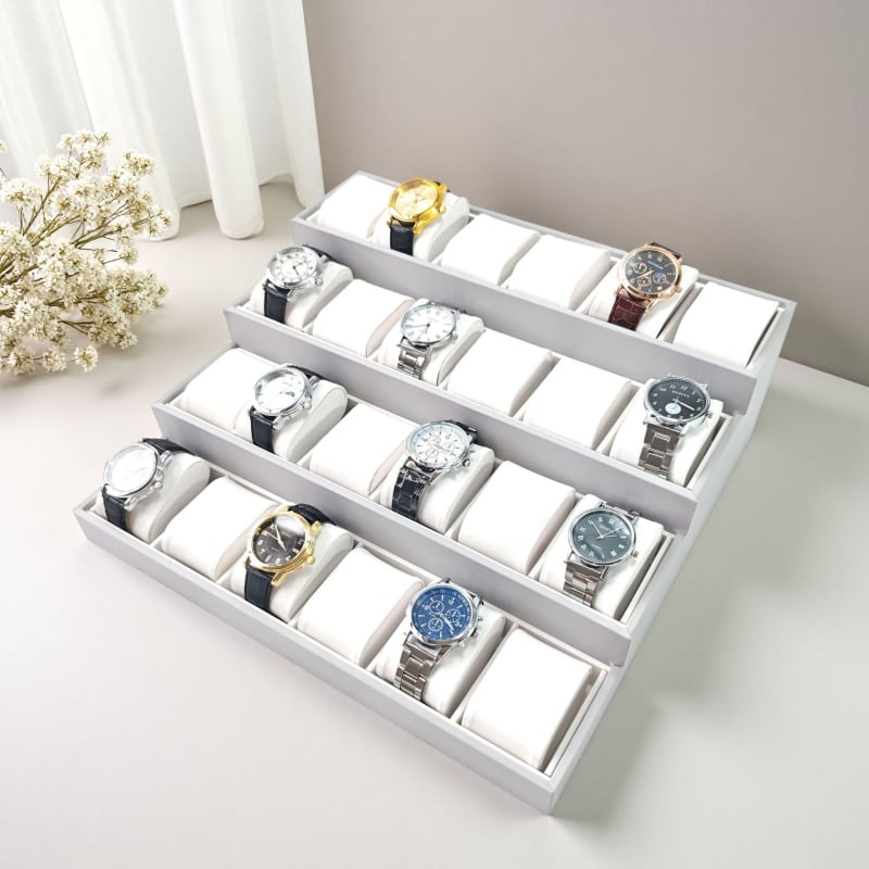 Поставка за бижута, четиристепен трапецовиден дизайн, MDF с кожена повърхност, висок клас, пролет 2025