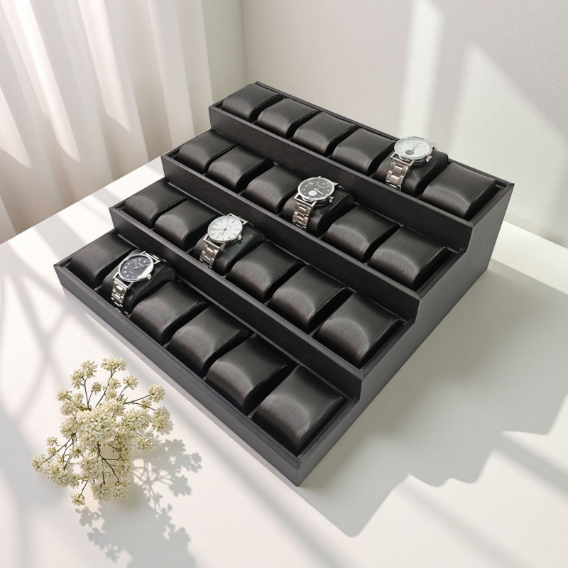 Поставка за бижута, четиристепен трапецовиден дизайн, MDF с кожена повърхност, висок клас, пролет 2025