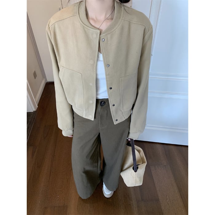 Moteriška trumpa striukė su užtrauktuku, poliesteris, siauras kirpimas, Korejos/Japonijos kasdieninis stilius.