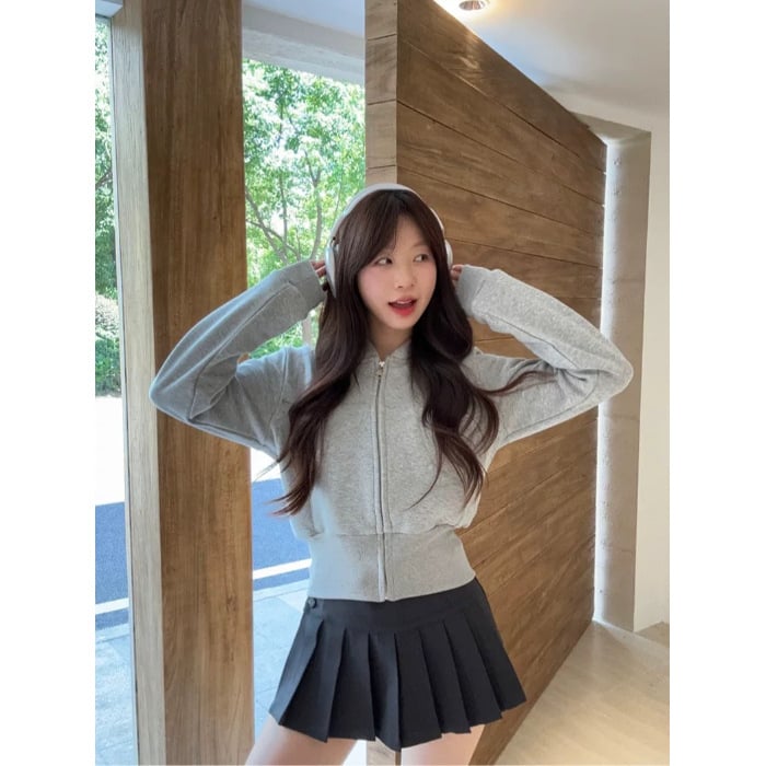 Moteriška trumpa striukė su užtrauktuku, poliesteris, siauras kirpimas, Korejos/Japonijos kasdieninis stilius.