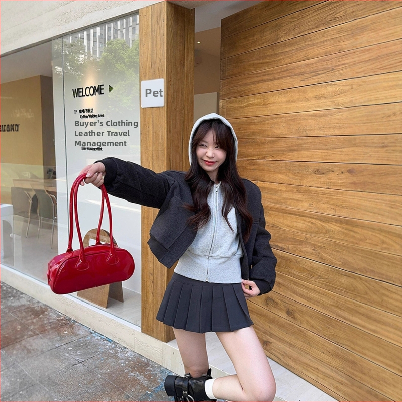 Moteriška trumpa striukė su užtrauktuku, poliesteris, siauras kirpimas, Korejos/Japonijos kasdieninis stilius.