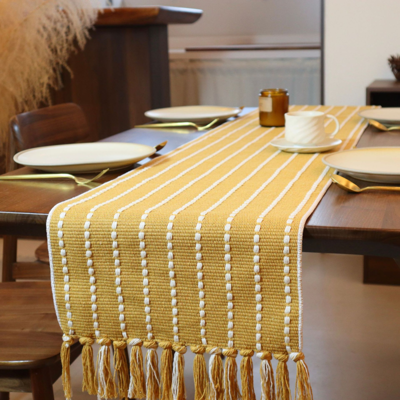 Скандинавска минималистична покривка за маса - памучен жакард, 65% памук / 35% полиестер, прахоустойчива, райета, за хол и спалня