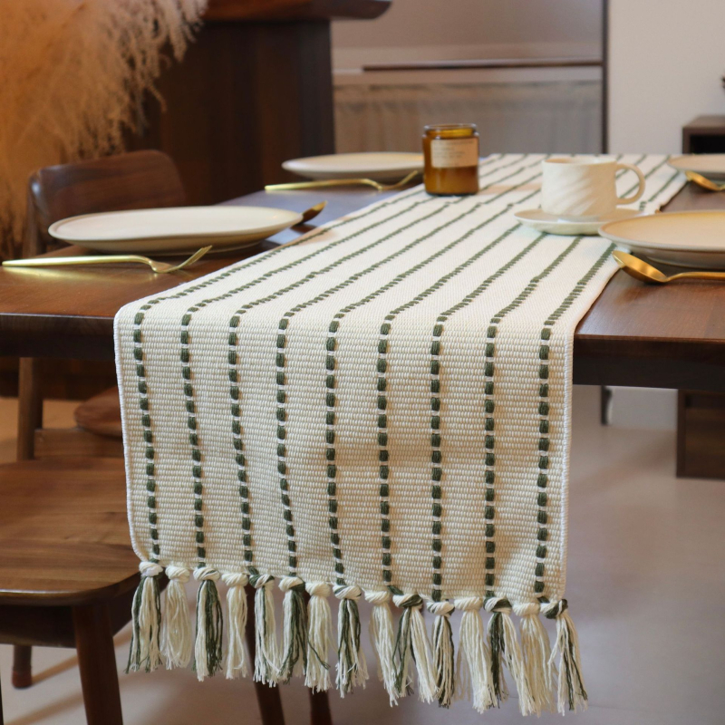 Скандинавска минималистична покривка за маса - памучен жакард, 65% памук / 35% полиестер, прахоустойчива, райета, за хол и спалня