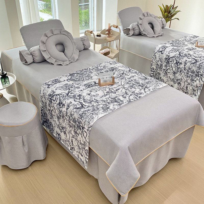 Set pokrivka za krevet za beauty salon – pamuk-lan, lagani luksuz, uzorci: botanički i jednostavni, tkanje: twill/plain/satin, reactive print i bojanje, mogućnost prilagodbe