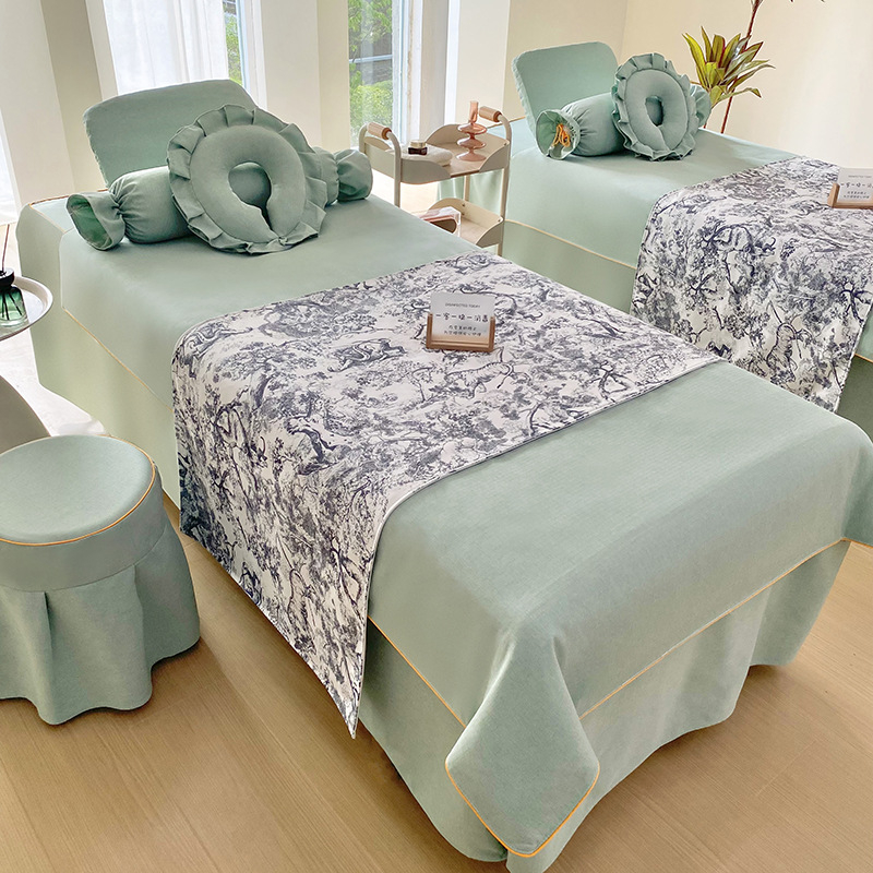 Set pokrivka za krevet za beauty salon – pamuk-lan, lagani luksuz, uzorci: botanički i jednostavni, tkanje: twill/plain/satin, reactive print i bojanje, mogućnost prilagodbe