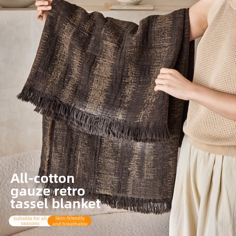 Βιντάζ υψηλής ποιότητας βαμβακερό ύφασμα γάζας με φούντες, ριγέ σχέδιο, ρετρό στυλ, 1.1–1.5 kg, αντίδραση βαφής, κατάλληλο για άνοιξη και φθινόπωρο