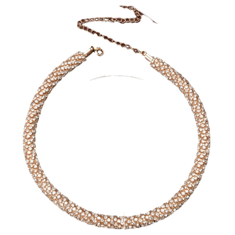 Bakrena ogrlica s uvijenim lancem, privjesak s rhinestones, dijamantni završetak