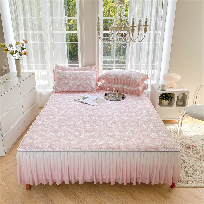 Ružičasti Jacquard hlađenje madrac – trodijelni set posteljine, s francuskim luksuzom, Ice Silk posteljina