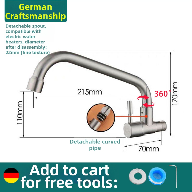Sieninis virtuvės čiaupas, viengyslė šalto vandens sistema, 304 nerūdijantis plienas, šlifuota paviršia, keramikinis vožtuvas
