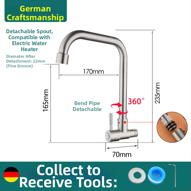 Sieninis virtuvės čiaupas, viengyslė šalto vandens sistema, 304 nerūdijantis plienas, šlifuota paviršia, keramikinis vožtuvas