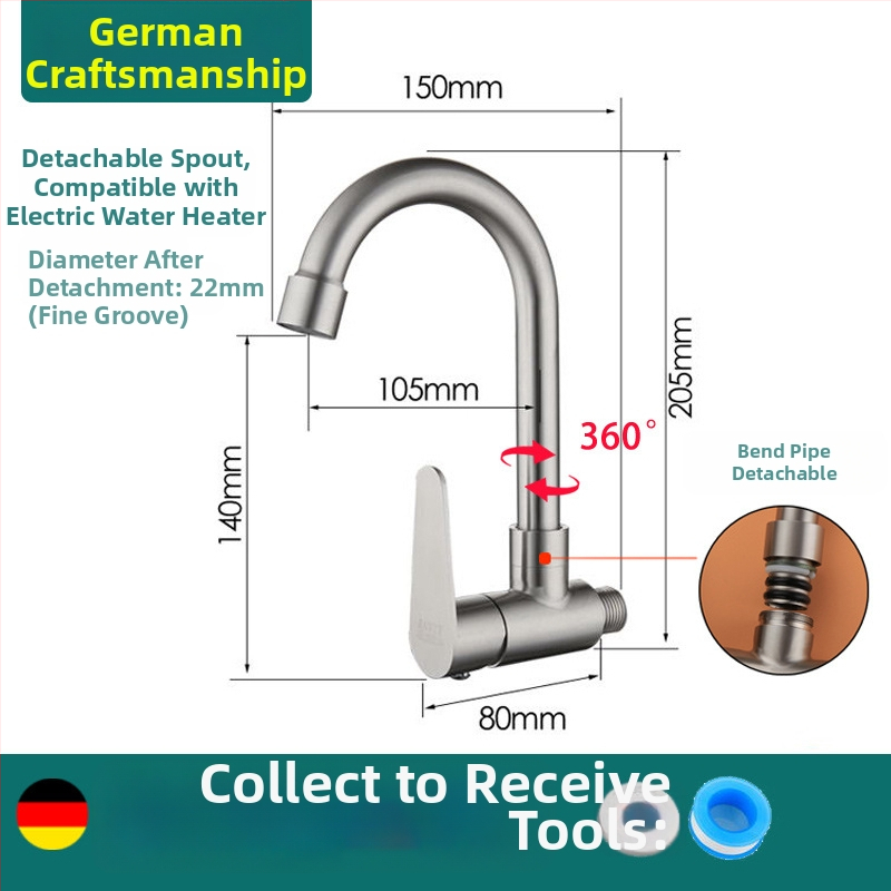 Sieninis virtuvės čiaupas, viengyslė šalto vandens sistema, 304 nerūdijantis plienas, šlifuota paviršia, keramikinis vožtuvas