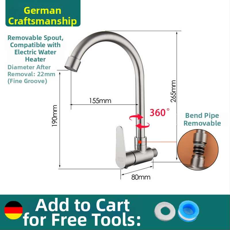 Sieninis virtuvės čiaupas, viengyslė šalto vandens sistema, 304 nerūdijantis plienas, šlifuota paviršia, keramikinis vožtuvas