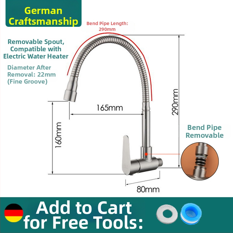 Sieninis virtuvės čiaupas, viengyslė šalto vandens sistema, 304 nerūdijantis plienas, šlifuota paviršia, keramikinis vožtuvas