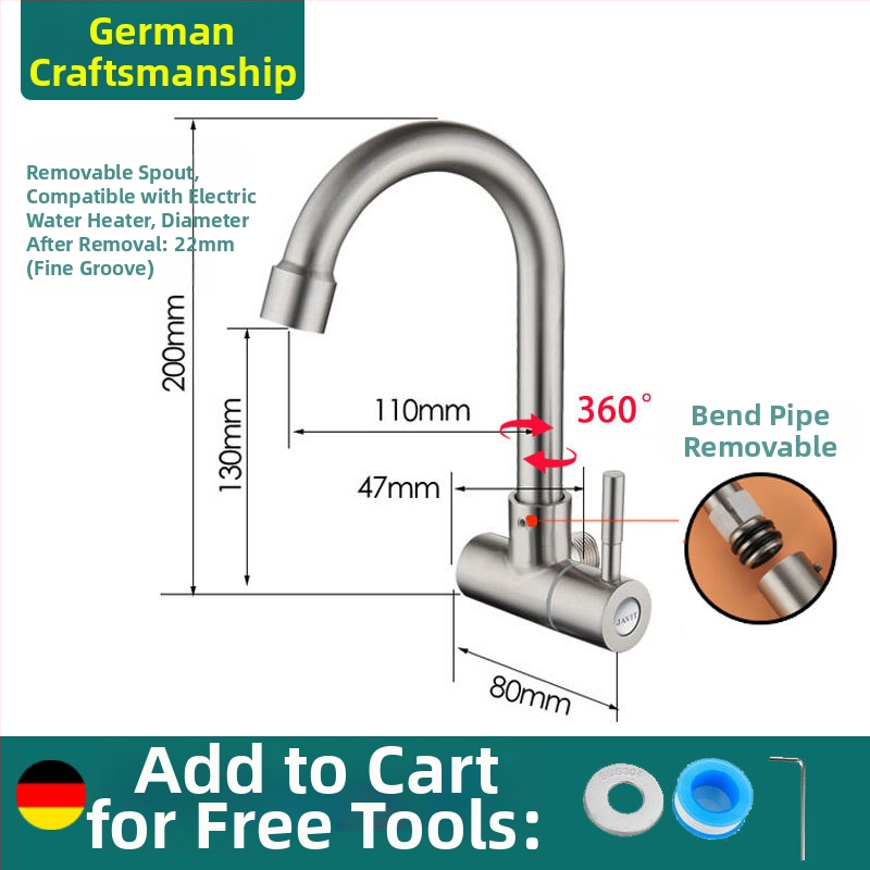 Sieninis virtuvės čiaupas, viengyslė šalto vandens sistema, 304 nerūdijantis plienas, šlifuota paviršia, keramikinis vožtuvas