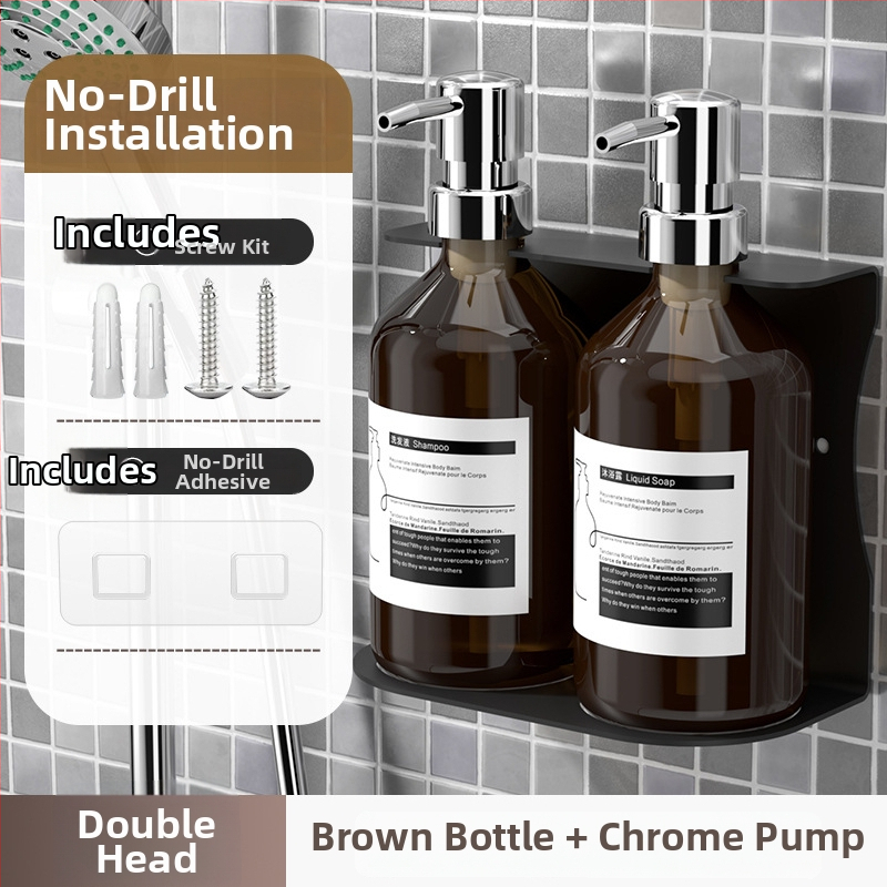 Sienas uzstādāms ziepju dozators ar šampūna pudeli — ABS, roku spiediens, oksidēts pārklājums