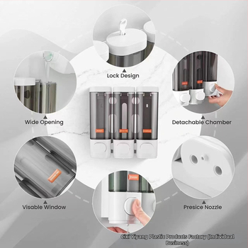 Ziepju dozētājs, sienas uzstādāms ar trim galviņām, manuālais spiediens, ABS materiāls, moderns minimālisma stil, 230 g