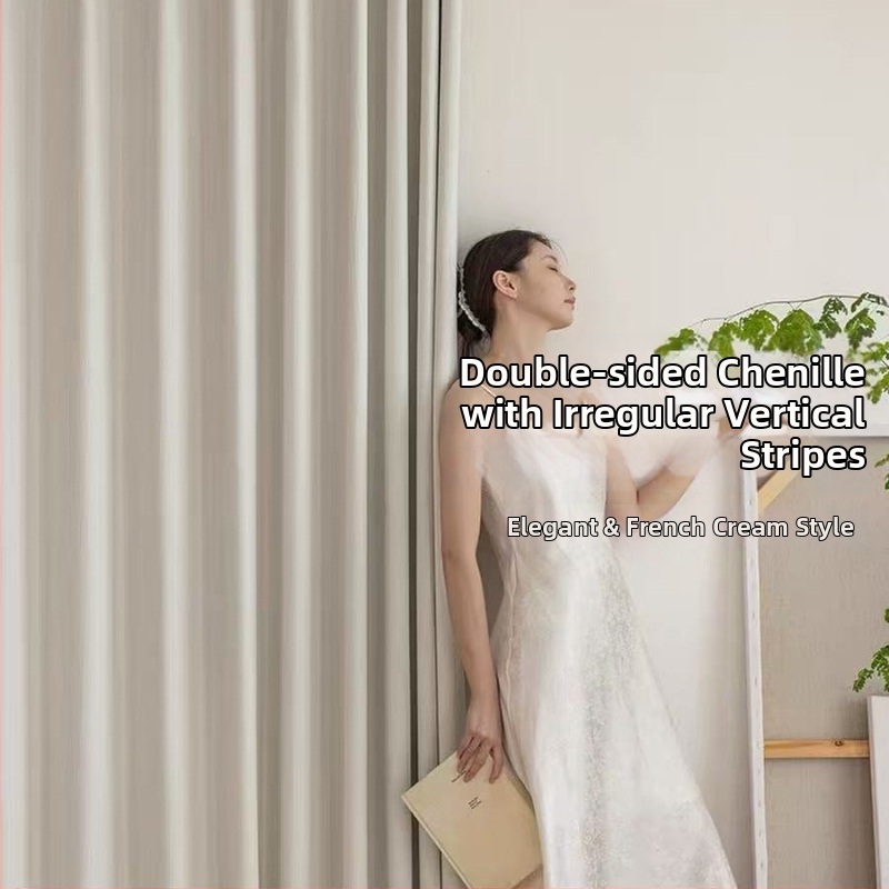 Akeni kardinad Chenille Jacquard kangast, kahepoolselt reljeefne tekstuur kõverate triipudega, Bauhausi stiil, kõrge varjatus 71–90%