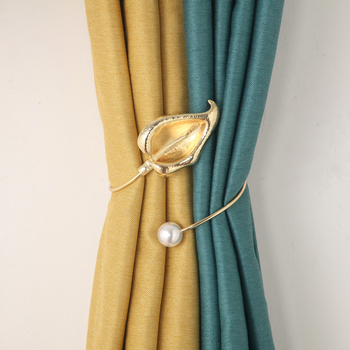 Clemă metalică pentru perdele, design frunză cu perle, pentru dormitor și sufragerie