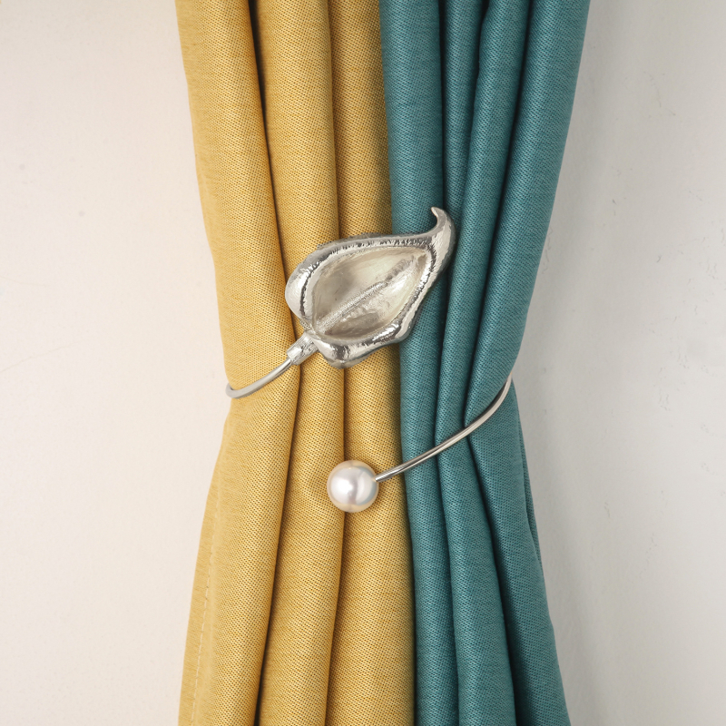 Clemă metalică pentru perdele, design frunză cu perle, pentru dormitor și sufragerie