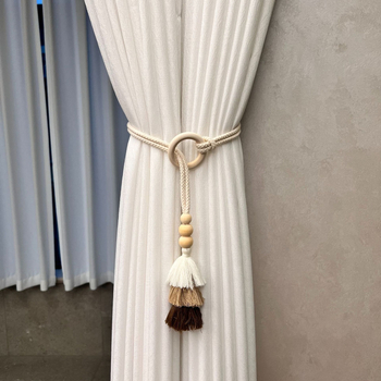 Legături pentru perdea din bumbac și in cu ciucuri - reglabile, șnur împletit, stil boho nordic