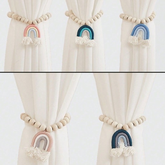 Legături pentru perdea din bumbac și in cu ciucuri - reglabile, șnur împletit, stil boho nordic