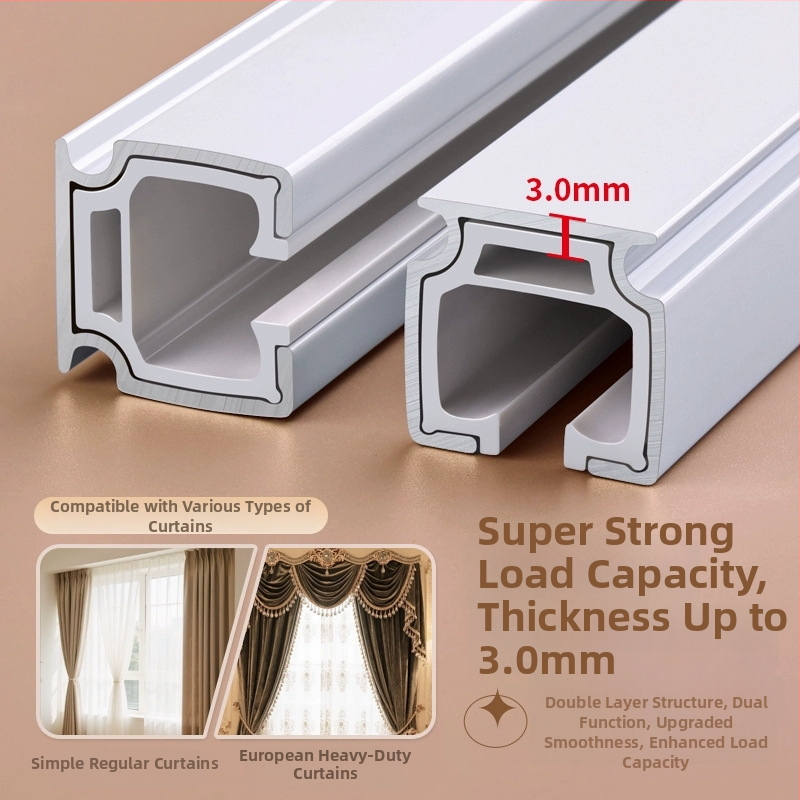 Alumiiniumist kardinraja, vaikselt liikuva, üla- ja külgmontaaž, ühe- ja kahetrajaga, kohandatav