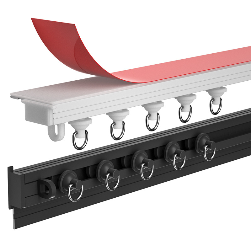 Unutarnja šina za zavjese, Slim Mini Straight Rail, aluminijska legura, samoljepljiva montaža, tip zavjese: viseći, s brtvnim perlama