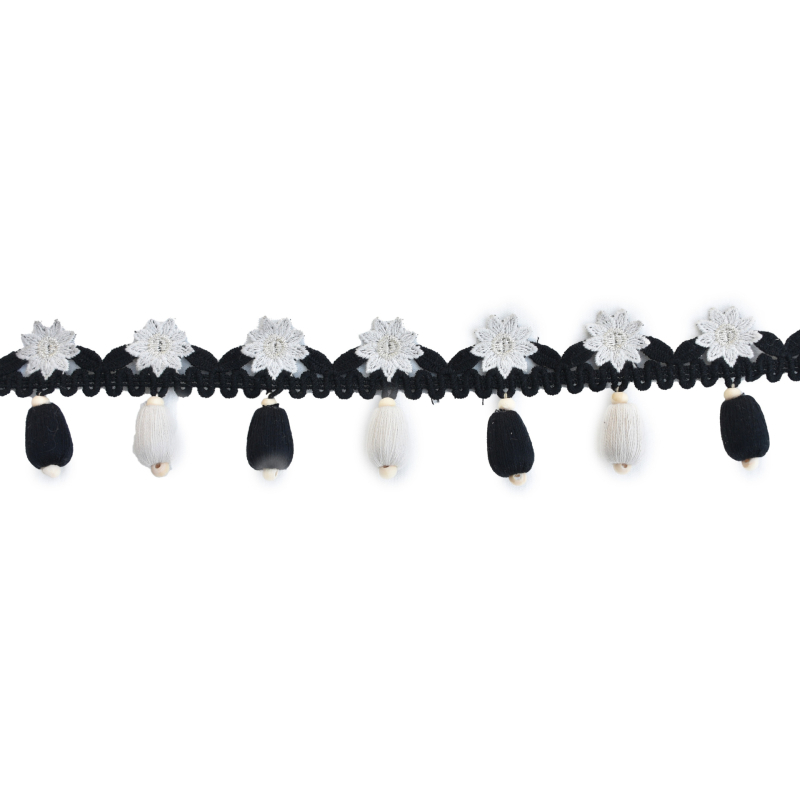 Läike pitsäär kardinate jaoks koos puidust helmidega lilleapplikatsiooniga, polüester, Eastward trace, kohandatav, kaasaegne minimalistlik stiil