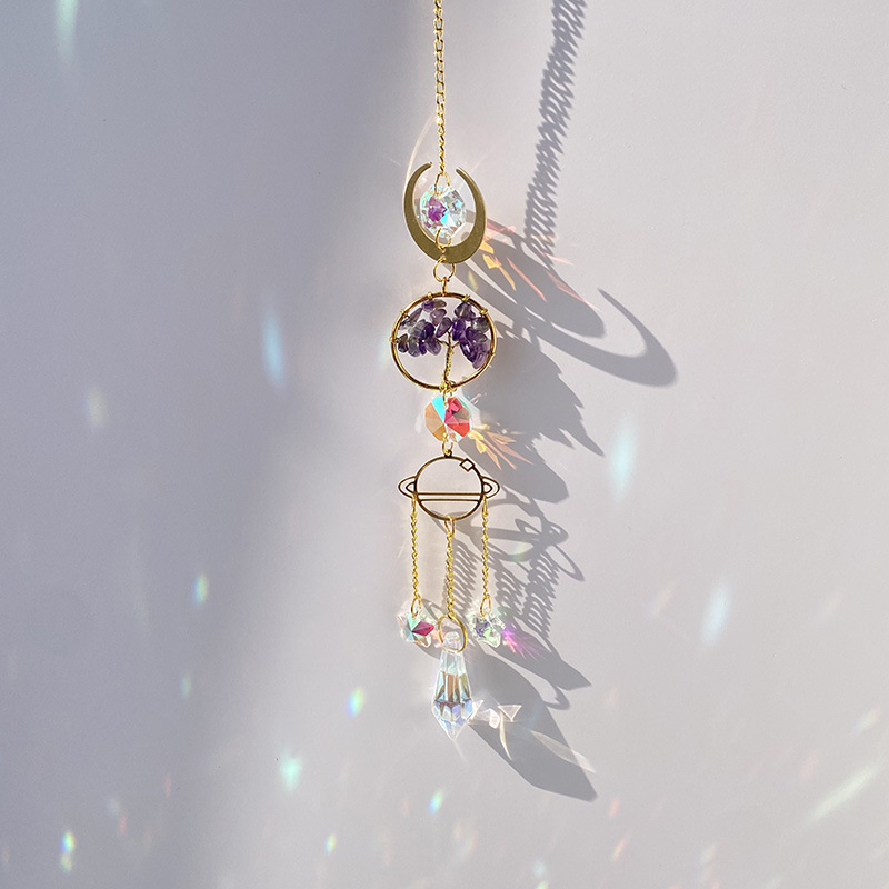 Kristály napfogó prismás medál, Életfa motívummal, prizmás dizájn (Kristály, kristálykő, kínai stílus, ajándékhoz kész)