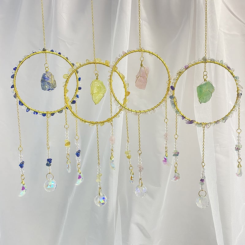 Κρυστάλλινο κρεμαστό με φυσικό λίθο — αιχμάλωτος ήλιου, γεωμετρικός στρογγυλός διακοσμητικός κήπος με κουδουνάκια ανέμου