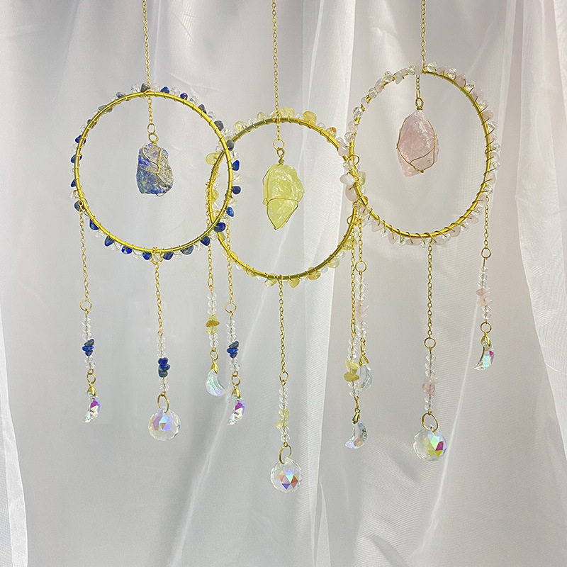 Κρυστάλλινο κρεμαστό με φυσικό λίθο — αιχμάλωτος ήλιου, γεωμετρικός στρογγυλός διακοσμητικός κήπος με κουδουνάκια ανέμου