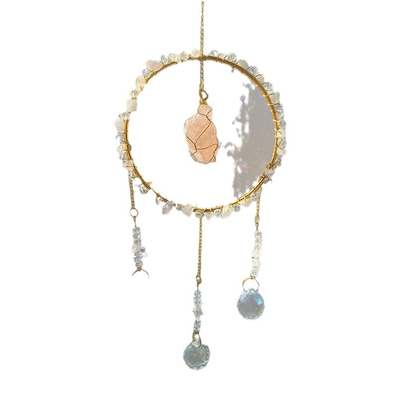 Κρυστάλλινο κρεμαστό με φυσικό λίθο — αιχμάλωτος ήλιου, γεωμετρικός στρογγυλός διακοσμητικός κήπος με κουδουνάκια ανέμου