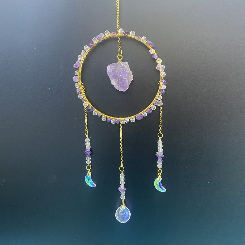 Κρυστάλλινο κρεμαστό με φυσικό λίθο — αιχμάλωτος ήλιου, γεωμετρικός στρογγυλός διακοσμητικός κήπος με κουδουνάκια ανέμου