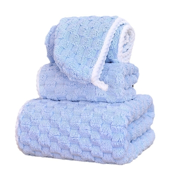 Комплект хавлии за баня с шапка за сушене на коса, коралов флис, плътни абсорбиращи кърпи за лице, облачен мрежест дизайн, в подаръчна кутия