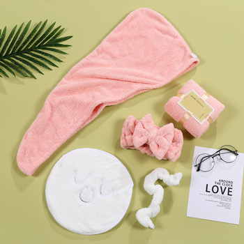 Комплект от три кърпи за баня от коралов флис, със шапка за душ и кърпа за лице, печат на лого, 400 g, warp-knit и плоско тъкане