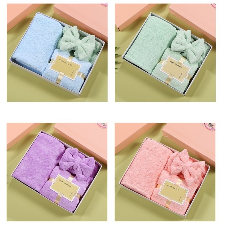 Комплект от три кърпи за баня от коралов флис, със шапка за душ и кърпа за лице, печат на лого, 400 g, warp-knit и плоско тъкане