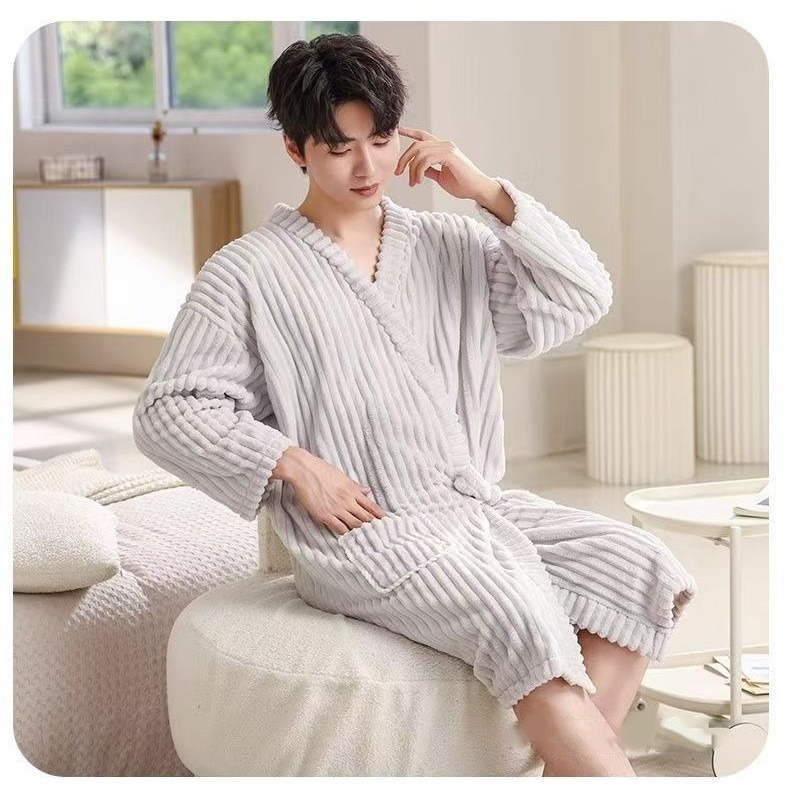 Halat de baie unisex din candy-corduroy, mâneci lungi, iarnă, stil brodat pentru cuplu, 410 g