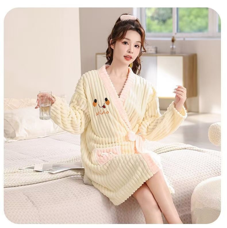 Halat de baie unisex din candy-corduroy, mâneci lungi, iarnă, stil brodat pentru cuplu, 410 g