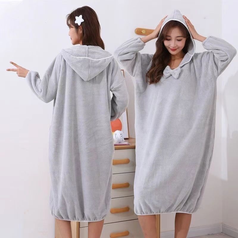 Halat de baie femei iarnă din catifea coral cu glugă, mâneci lungi, 100% poliester, 310 g