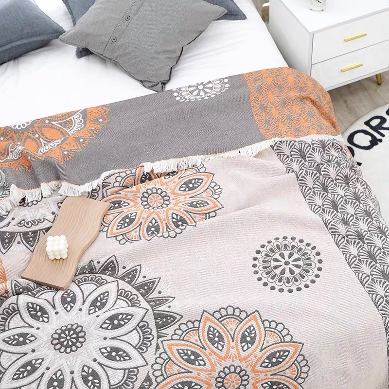 Памучно кърпено одеяло с ресни, 100% памук, реактивно боядисване, свиване 3%