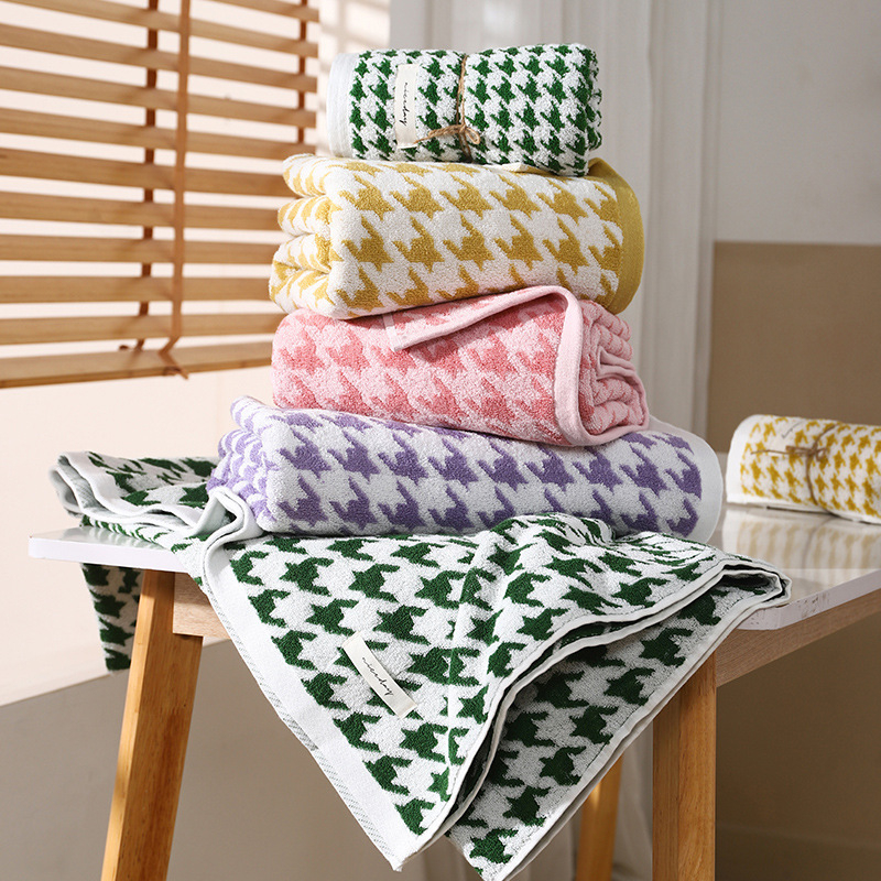 Set ručnika od pamuka s uzorkom houndstooth za kupaonicu i lice, debeli i izuzetno upijajući, 32 vlakna, 500 g+