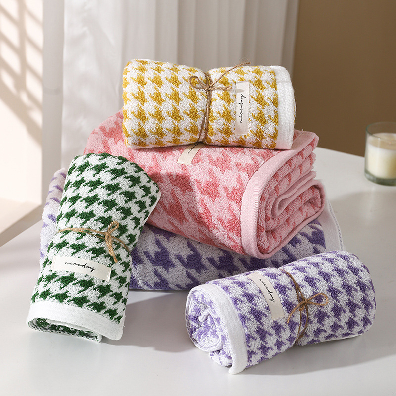 Set ručnika od pamuka s uzorkom houndstooth za kupaonicu i lice, debeli i izuzetno upijajući, 32 vlakna, 500 g+