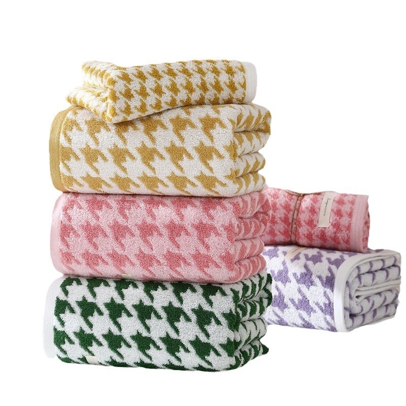 Set ručnika od pamuka s uzorkom houndstooth za kupaonicu i lice, debeli i izuzetno upijajući, 32 vlakna, 500 g+