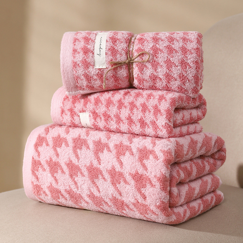 Set ručnika od pamuka s uzorkom houndstooth za kupaonicu i lice, debeli i izuzetno upijajući, 32 vlakna, 500 g+