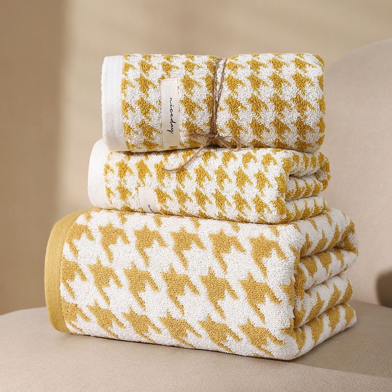 Set ručnika od pamuka s uzorkom houndstooth za kupaonicu i lice, debeli i izuzetno upijajući, 32 vlakna, 500 g+